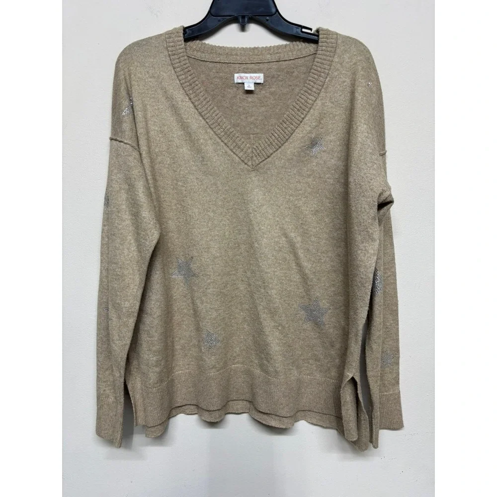 Knox Rose Tan Rhinestone Star Print V Neck Knit Sweater‎ Long Sleeve Size XL